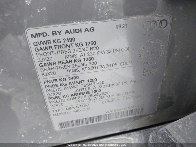 Продаж на аукціоні авто 2022 Audi Q5 45 Progressiv, vin: WA1EAAFY1N2016932, номер лоту: 12540710
