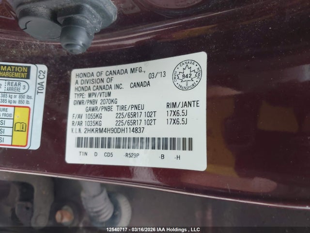 Продаж на аукціоні авто 2013 Honda Cr-v Touring, vin: 2HKRM4H90DH114837, номер лоту: 12540717
