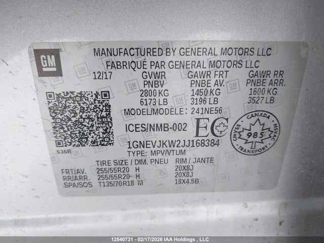 1GNEVJKW2JJ168384 Chevrolet Traverse Premier