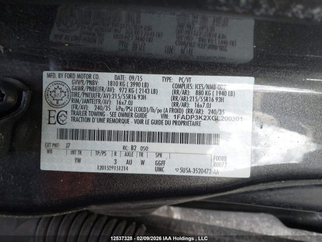 1FADP3K2XGL200301 Ford FOCUS SE