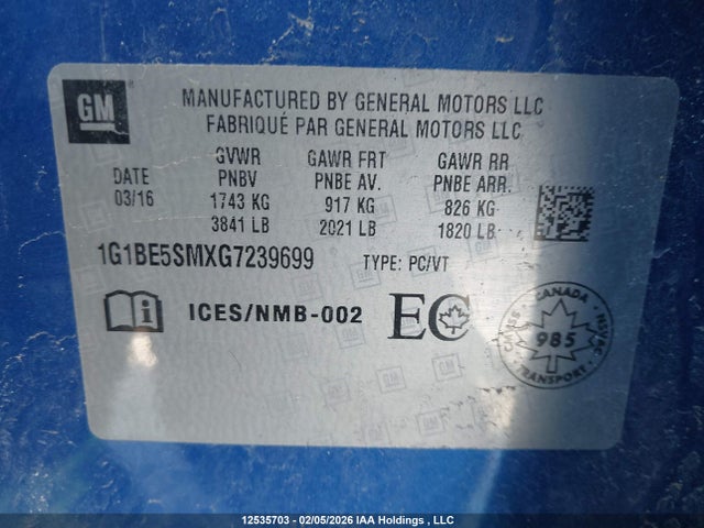 1G1BE5SMXG7239699 Chevrolet Cruze Lt Auto