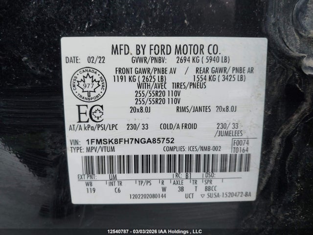 Aukcja sprzedaży 2022 Ford Explorer, vin: 1FMSK8FH7NGA85752, numer aukcji: 12540787