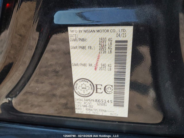 1N4AL3AP6FN865145 Nissan Altima 2.5/2.5 S/2.5 Sl/2.5 Sv