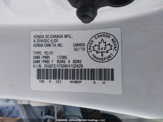 2HGFC1F93KH103426 Honda Civic Touring