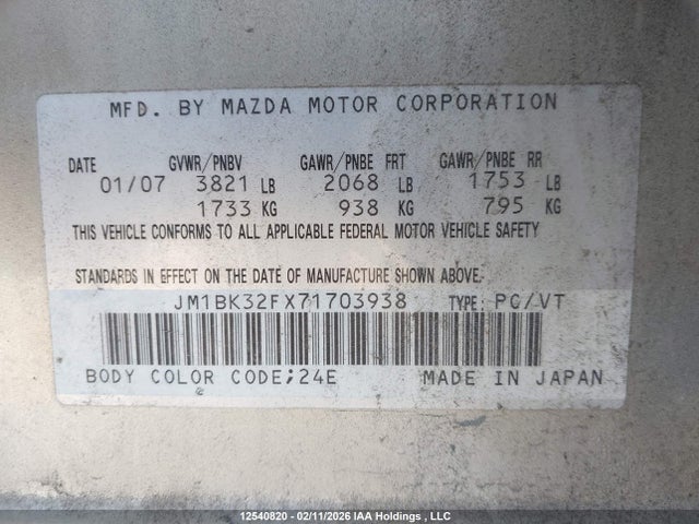 2007 Mazda 3 I მანქანა იყიდება აუქციონზე, vin: JM1BK32FX71703938, აუქციონის ნომერი: 12540820