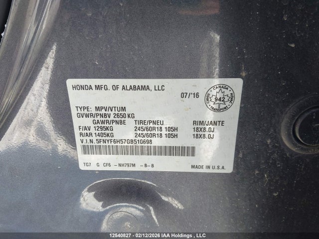 5FNYF6H57GB510698 Honda PILOT EXL