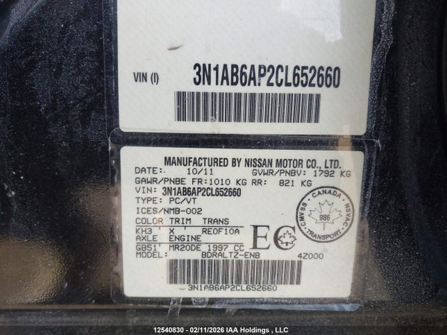 Aukcja sprzedaży 2012 Nissan Sentra 2.0 S, vin: 3N1AB6AP2CL652660, numer aukcji: 12540830