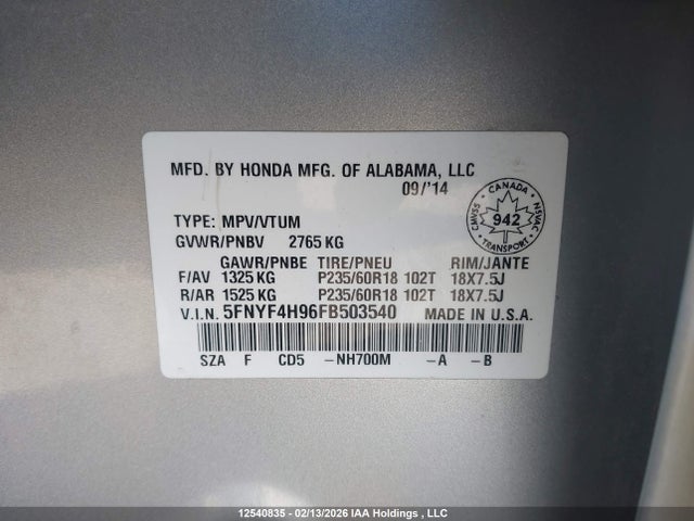 5FNYF4H96FB503540 Honda Pilot Touring