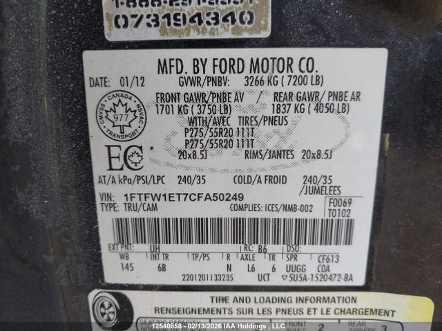 12540858 :رقم المزاد ، 1FTFW1ET7CFA50249 vin ، 2012 Ford F150 Supercrew مزاد بيع