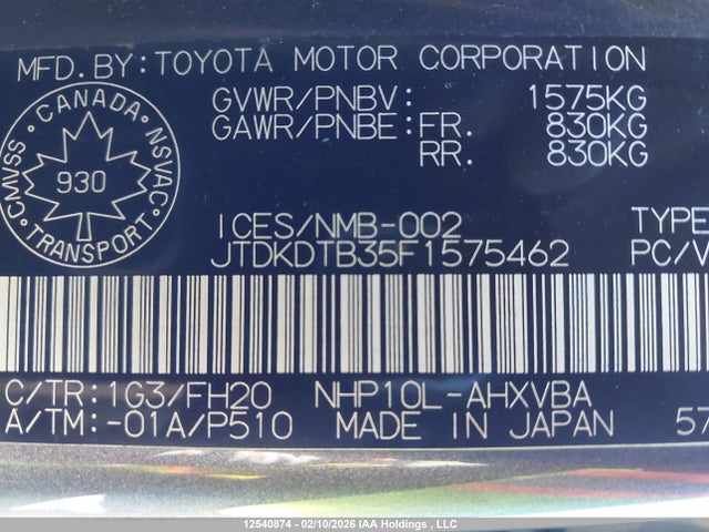 JTDKDTB35F1575462 Toyota PRIUS C