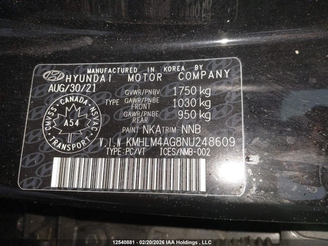 KMHLM4AG8NU248609 Hyundai Elantra Preferred Ivt With Sun And Tech Package