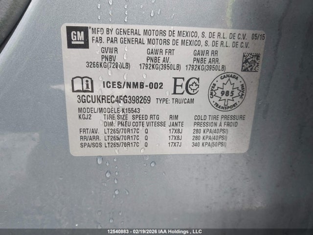 Aukcja sprzedaży 2015 Chevrolet Silverado K1500 Lt, vin: 3GCUKREC4FG398269, numer aukcji: 12540883