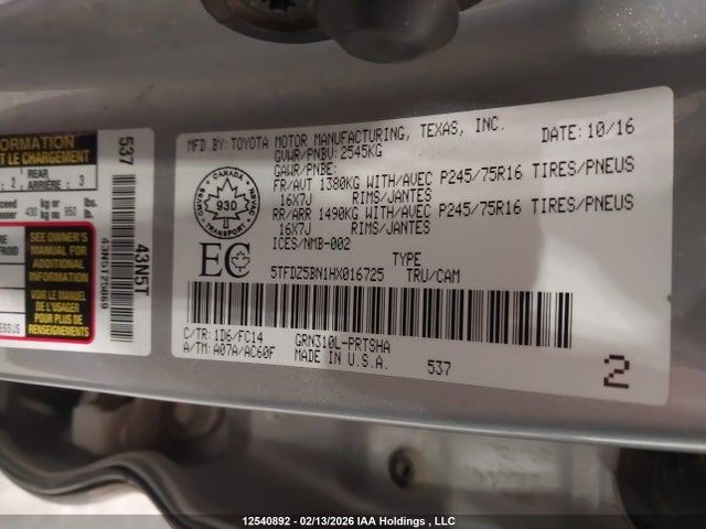 5TFDZ5BN1HX016725 Toyota Tacoma Sr5/trd Off Road/trd Sport