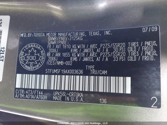 12540898 :رقم المزاد ، 5TFUM5F19AX003636 vin ، 2010 Toyota Tundra Sr5 4.6l V8 مزاد بيع