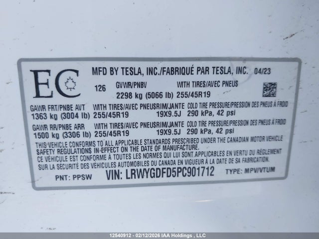 LRWYGDFD5PC901712 Tesla Model Y Rwd