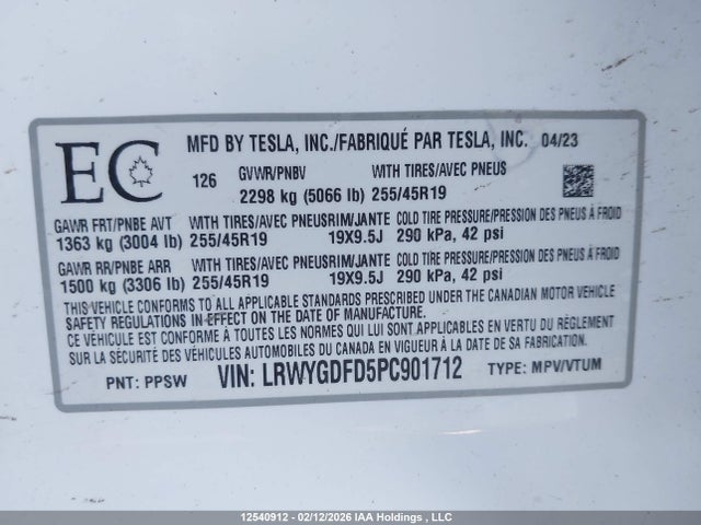 LRWYGDFD5PC901712 Tesla Model Y Rwd