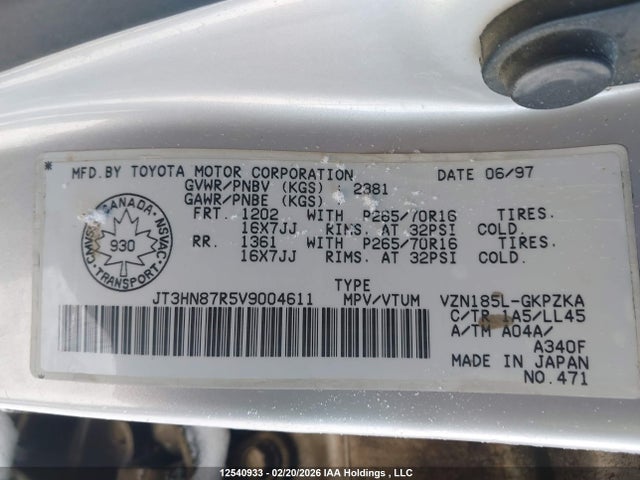 Auction sale of the 1997 Toyota 4runner Limited, vin: JT3HN87R5V9004611, lot number: 12540933