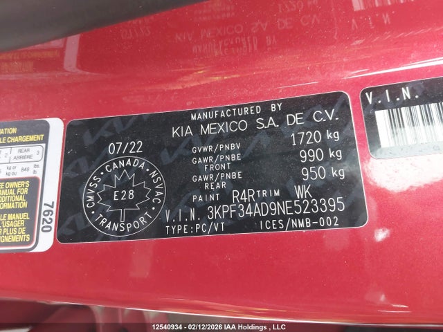 3KPF34AD9NE523395 KIA Forte Ex/ex Premium/ex+/gt-line
