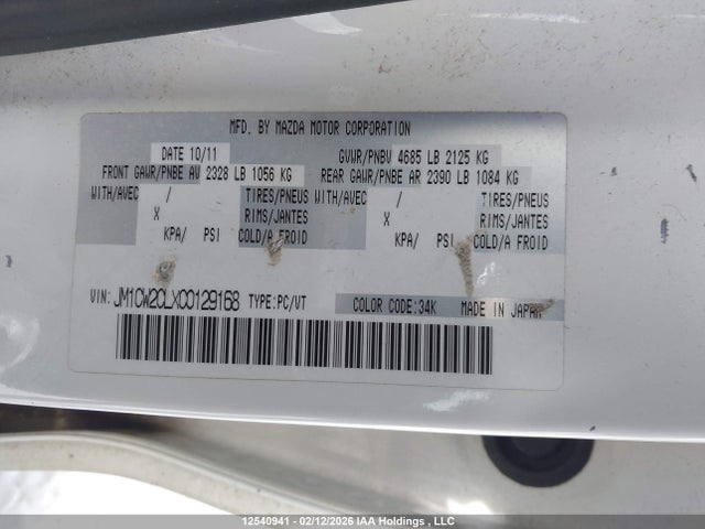 Auction sale of the 2012 Mazda 5, vin: JM1CW2CLXC0129168, lot number: 12540941