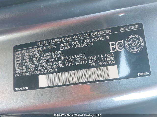 LYVA22RK7LB562709 Volvo Xc60 T6 Momentum