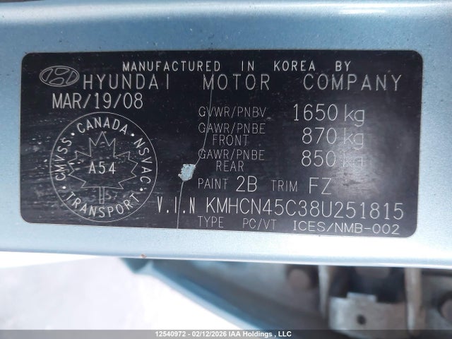 12540972 :رقم المزاد ، KMHCN45C38U251815 vin ، 2008 Hyundai Accent Gl/gls/l مزاد بيع