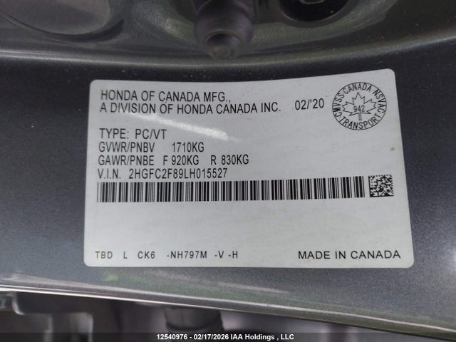 Aukcja sprzedaży 2020 Honda Civic, vin: 2HGFC2F89LH015527, numer aukcji: 12540976