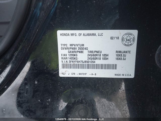 5FNYF6H75JB501264 Honda Pilot Ex-l Navi