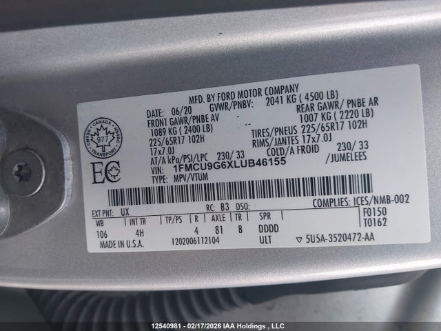 1FMCU9G6XLUB46155 Ford ESCAPE SE