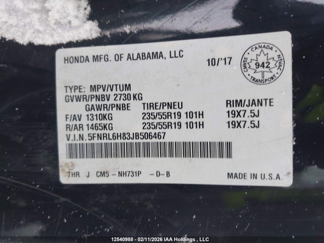 2018 Honda Odyssey Touring მანქანა იყიდება აუქციონზე, vin: 5FNRL6H83JB506467, აუქციონის ნომერი: 12540988