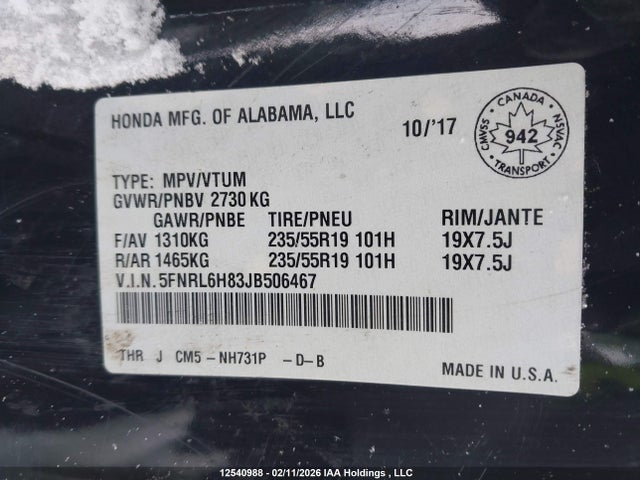 2018 Honda Odyssey Touring მანქანა იყიდება აუქციონზე, vin: 5FNRL6H83JB506467, აუქციონის ნომერი: 12540988