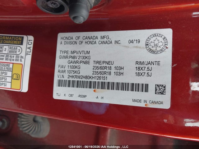 Aukcja sprzedaży 2019 Honda Cr-v Ex-l, vin: 2HKRW2H80KH126151, numer aukcji: 12541001