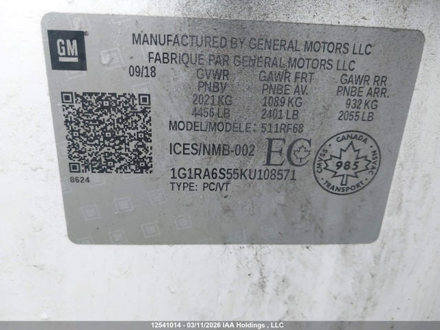 2019 Chevrolet Volt Lt მანქანა იყიდება აუქციონზე, vin: 1G1RA6S55KU108571, აუქციონის ნომერი: 12541014