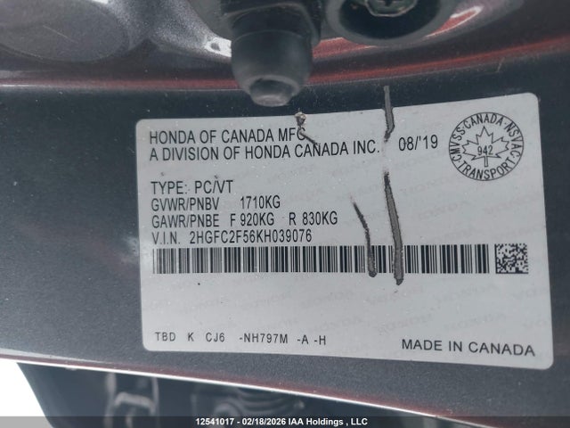 Aukcja sprzedaży 2019 Honda Civic, vin: 2HGFC2F56KH039076, numer aukcji: 12541017