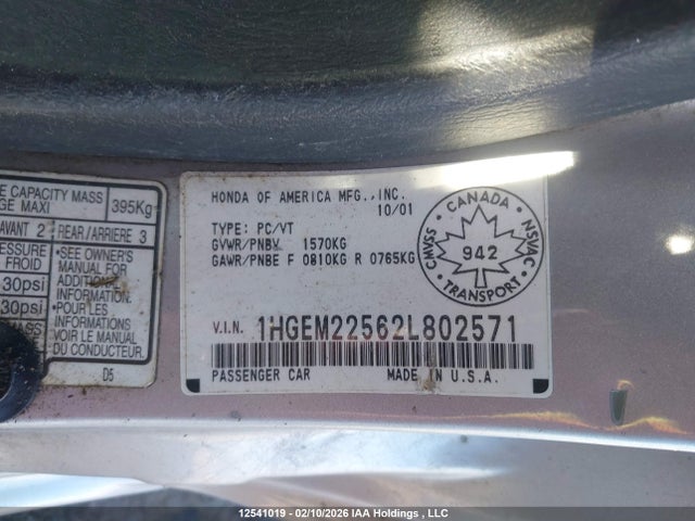 Продаж на аукціоні авто 2002 Honda Civic, vin: 1HGEM22562L802571, номер лоту: 12541019
