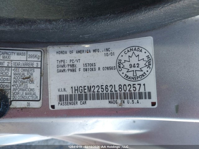 Продаж на аукціоні авто 2002 Honda Civic, vin: 1HGEM22562L802571, номер лоту: 12541019