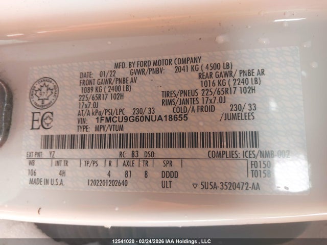 1FMCU9G60NUA18655 Ford ESCAPE SE
