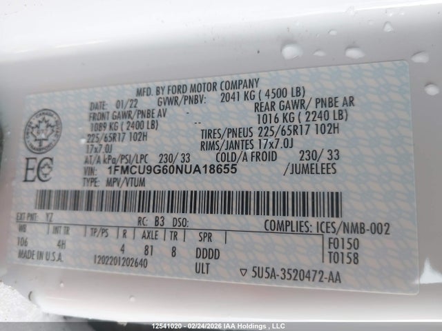 1FMCU9G60NUA18655 Ford ESCAPE SE