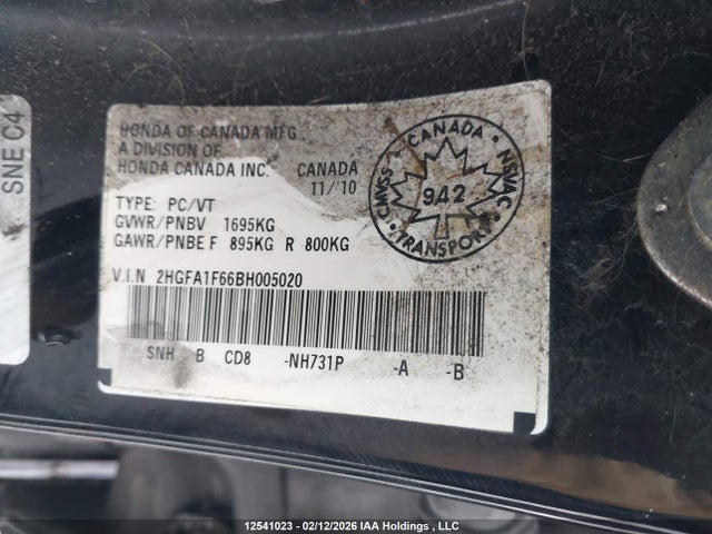 2011 Honda Civic Lx-s მანქანა იყიდება აუქციონზე, vin: 2HGFA1F66BH005020, აუქციონის ნომერი: 12541023