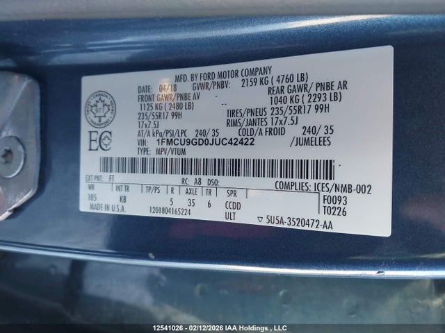 12541026 :رقم المزاد ، 1FMCU9GD0JUC42422 vin ، 2018 Ford Escape Se مزاد بيع