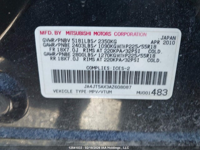 Aukcja sprzedaży 2010 Mitsubishi Outlander, vin: JA4JT5AX3AZ608087, numer aukcji: 12541033