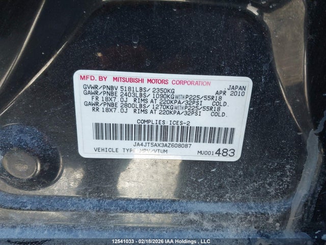 Aukcja sprzedaży 2010 Mitsubishi Outlander, vin: JA4JT5AX3AZ608087, numer aukcji: 12541033