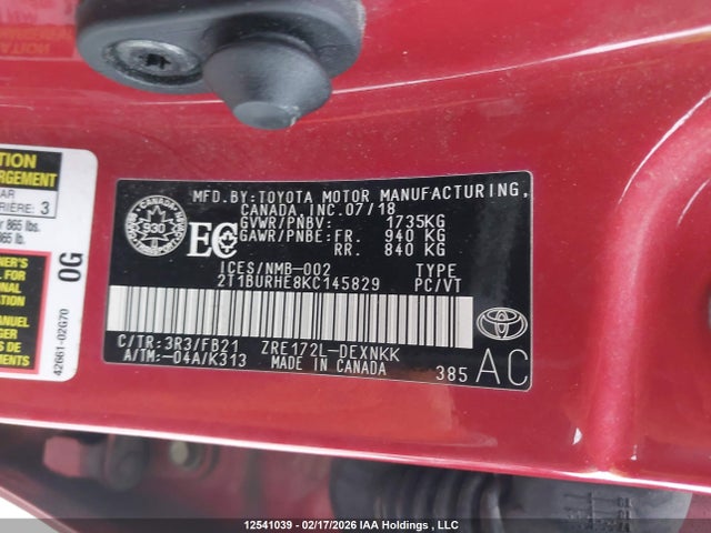 2T1BURHE8KC145829 Toyota COROLLA LE