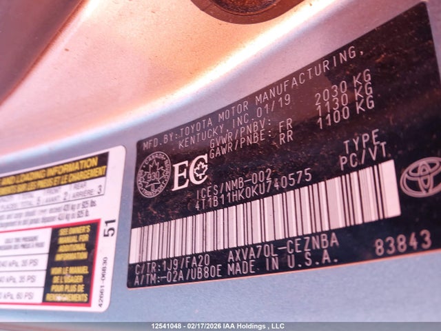 4T1B11HK0KU740575 Toyota Camry