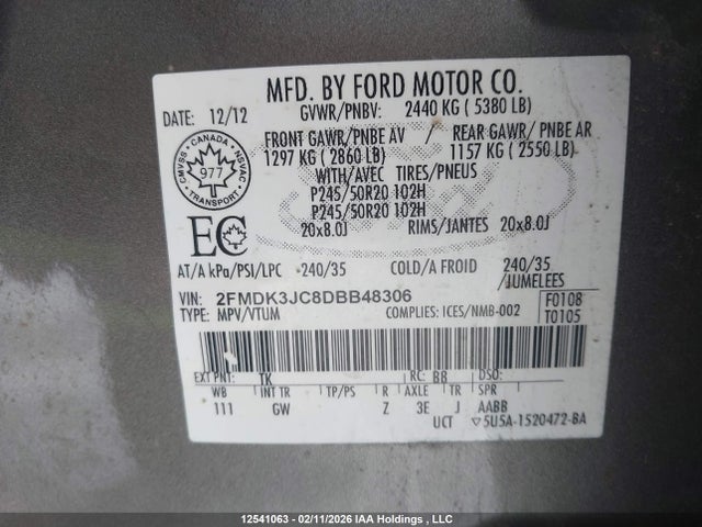 Продажа на аукционе авто 2013 Ford Edge Sel, vin: 2FMDK3JC8DBB48306, номер лота: 12541063