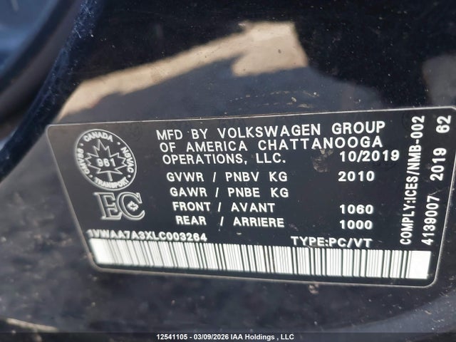 12541105 :رقم المزاد ، 1VWAA7A3XLC003264 vin ، 2020 Volkswagen Passat مزاد بيع