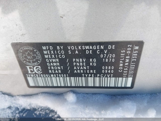 12541114 :رقم المزاد ، 3VWCB7BU6LM076501 vin ، 2020 Volkswagen Jetta مزاد بيع