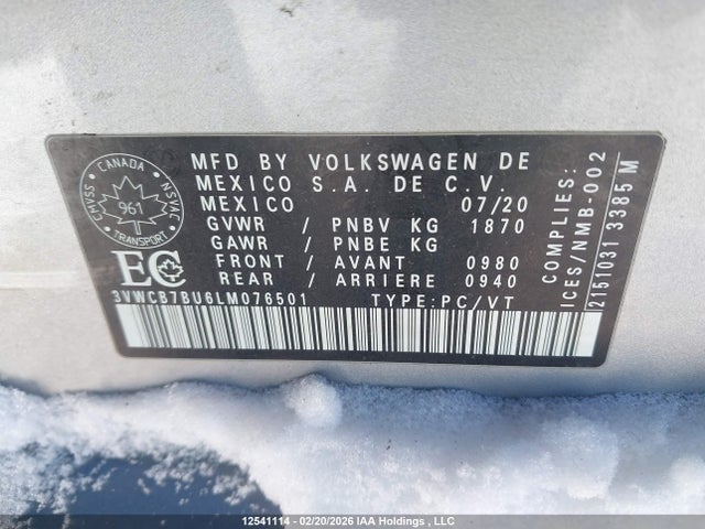 12541114 :رقم المزاد ، 3VWCB7BU6LM076501 vin ، 2020 Volkswagen Jetta مزاد بيع