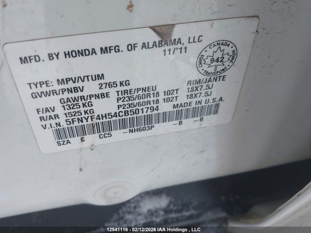 Продаж на аукціоні авто 2012 Honda Pilot Exl, vin: 5FNYF4H54CB501794, номер лоту: 12541116