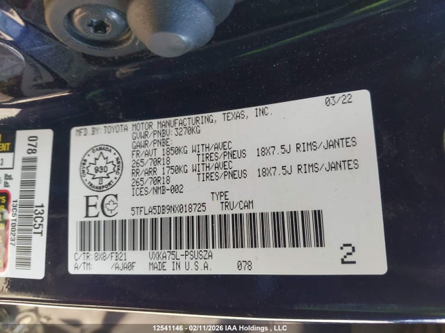 12541146 :رقم المزاد ، 5TFLA5DB9NX018725 vin ، 2022 Toyota Tundra Crewmax Sr/crewmax Sr5 مزاد بيع