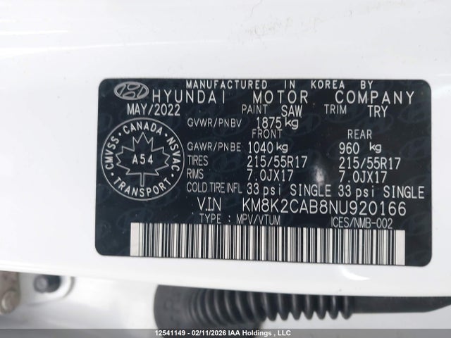 Продажа на аукционе авто 2022 Hyundai Kona Sel/se, vin: KM8K2CAB8NU920166, номер лота: 12541149